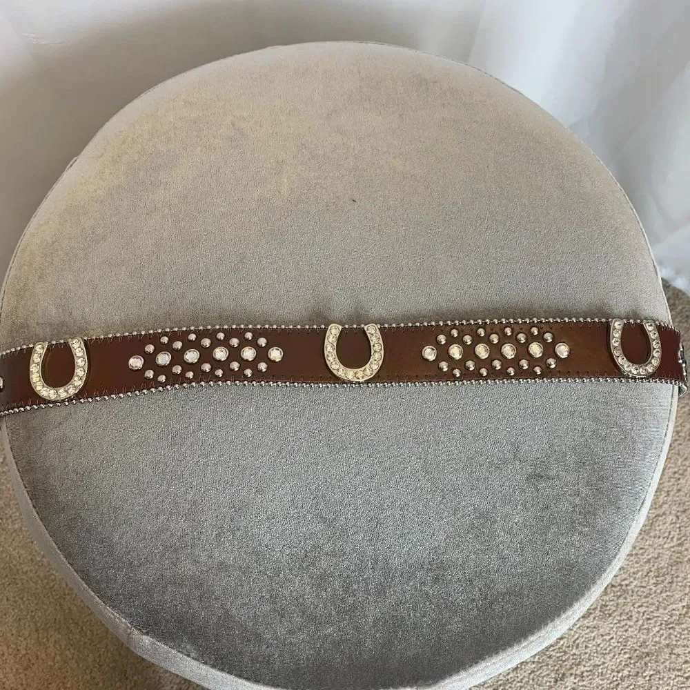 BROWN leather rhinestone horse shoe embellished